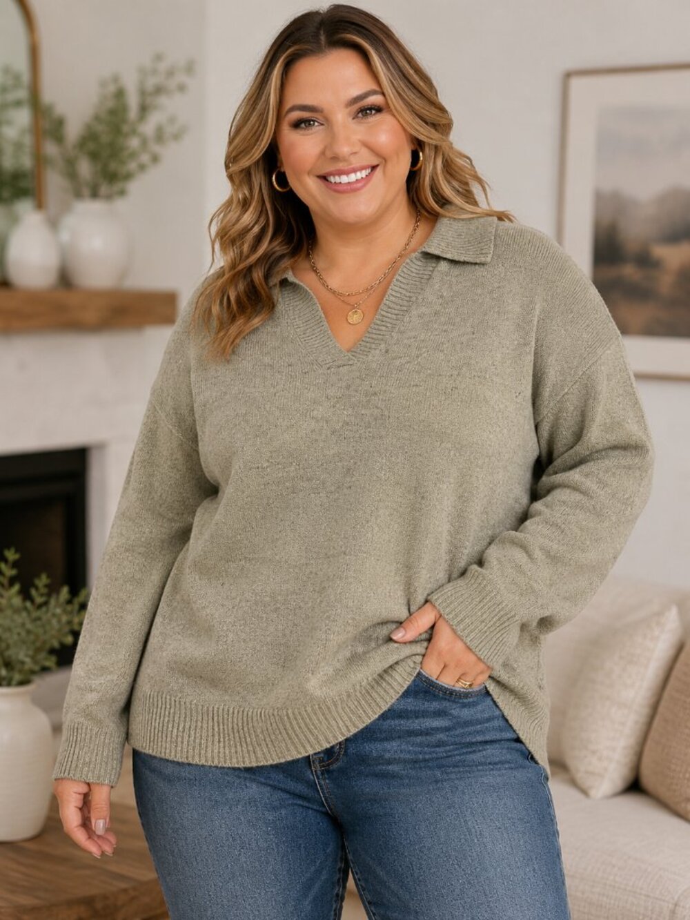 C&C California Size 2x Johnny Collar Sweater Textured Knit Cozy Soft Green Fall